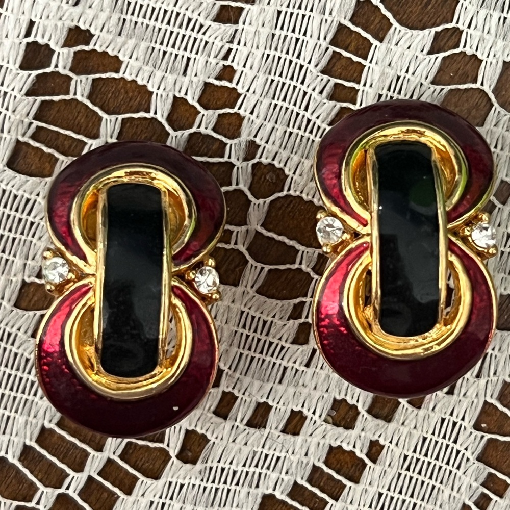 1970s red & black enamel gold tone & crystals clip on Earrings